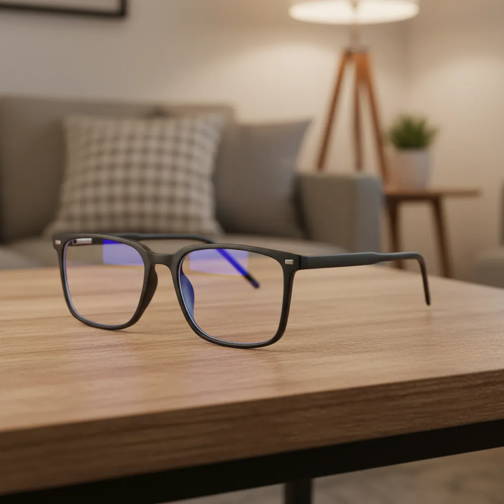 EyeGuardSpecs matte black blue light glasses on a coffee table