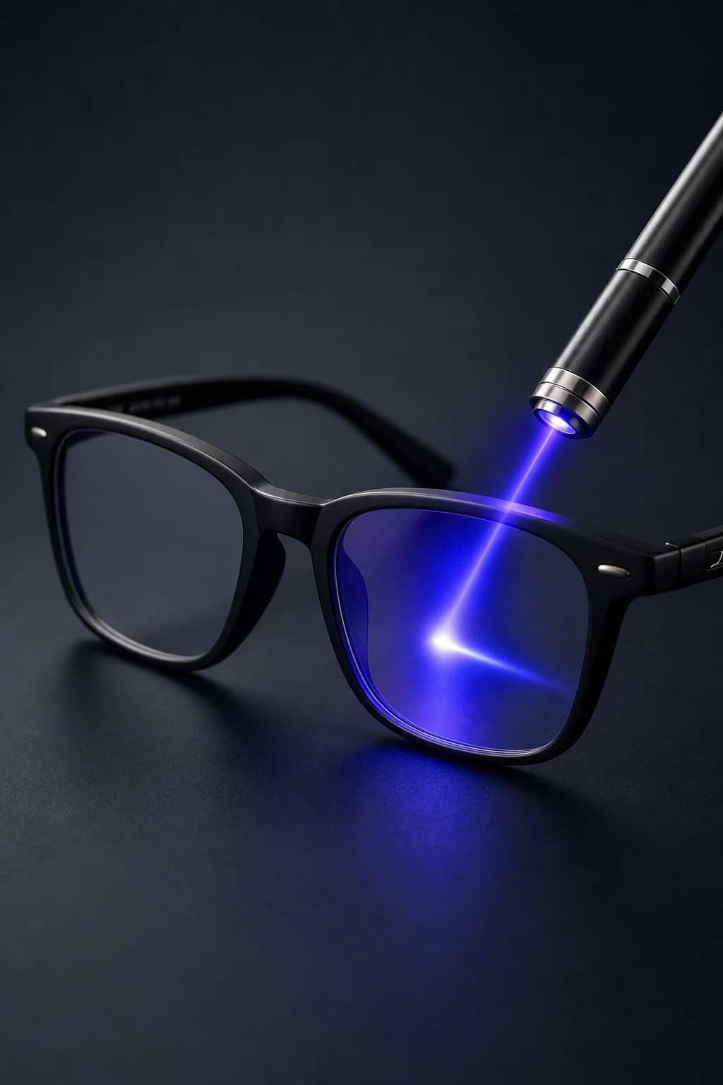 Blue light test pen demonstrating EyeGuardSpecs lenses deflecting blue light